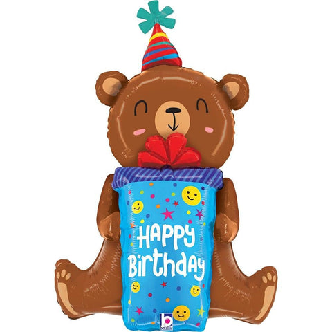 XL Happy Birthday Smiley Bär  Ballon (mit Helium gefüllt)