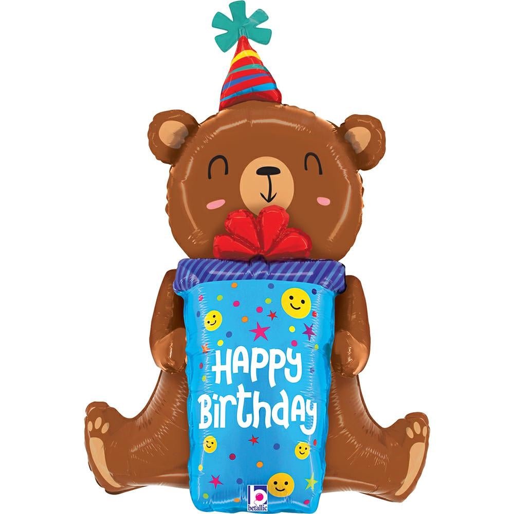 XL Happy Birthday Smiley Bär Ballon (mit Helium gefüllt) - Supershape helium