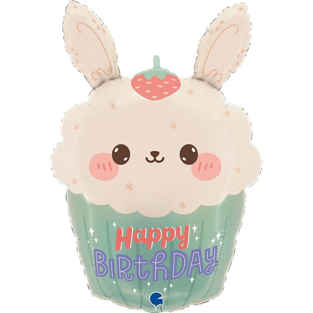 XL Hase Bunny Cupcake Happy Birthday Ballon (mit Helium gefüllt) - Folienballon helium