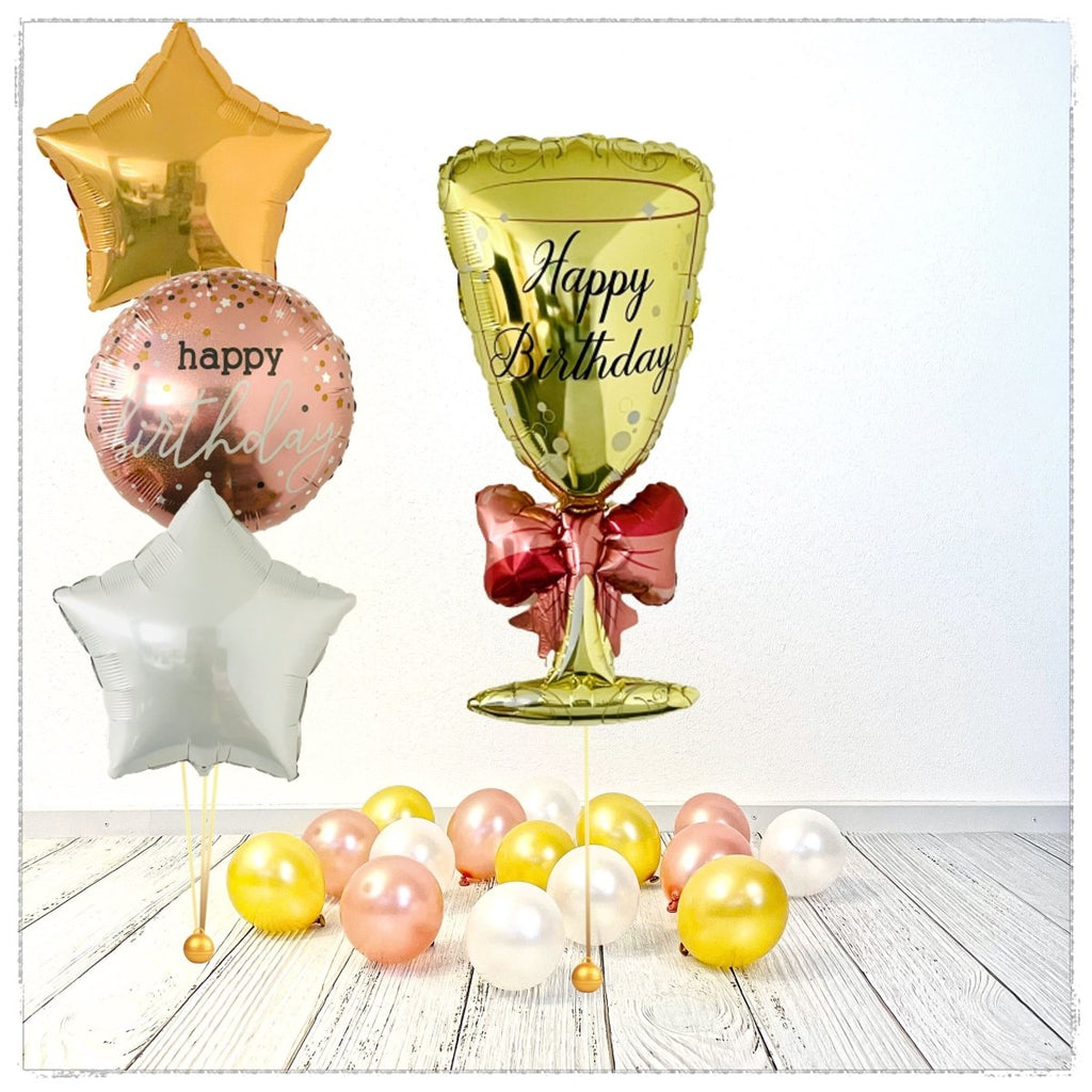 Champagner Glas Happy Birthday Ballon Bouquet (mit Helium gefüllt) - Happy Birthday Bouquet