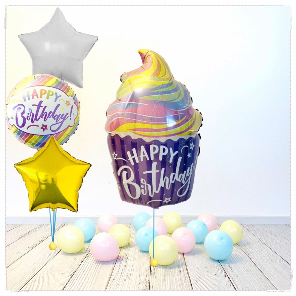 Cupcake Happy Birthday Ballon Bouquet (mit Helium gefüllt) - Happy Birthday Bouquet