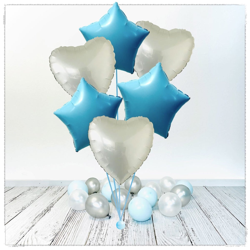 Herz weiss und Sterne blau Ballon Bouquet (mit Helium gefüllt) - Baby Shower Bouquet