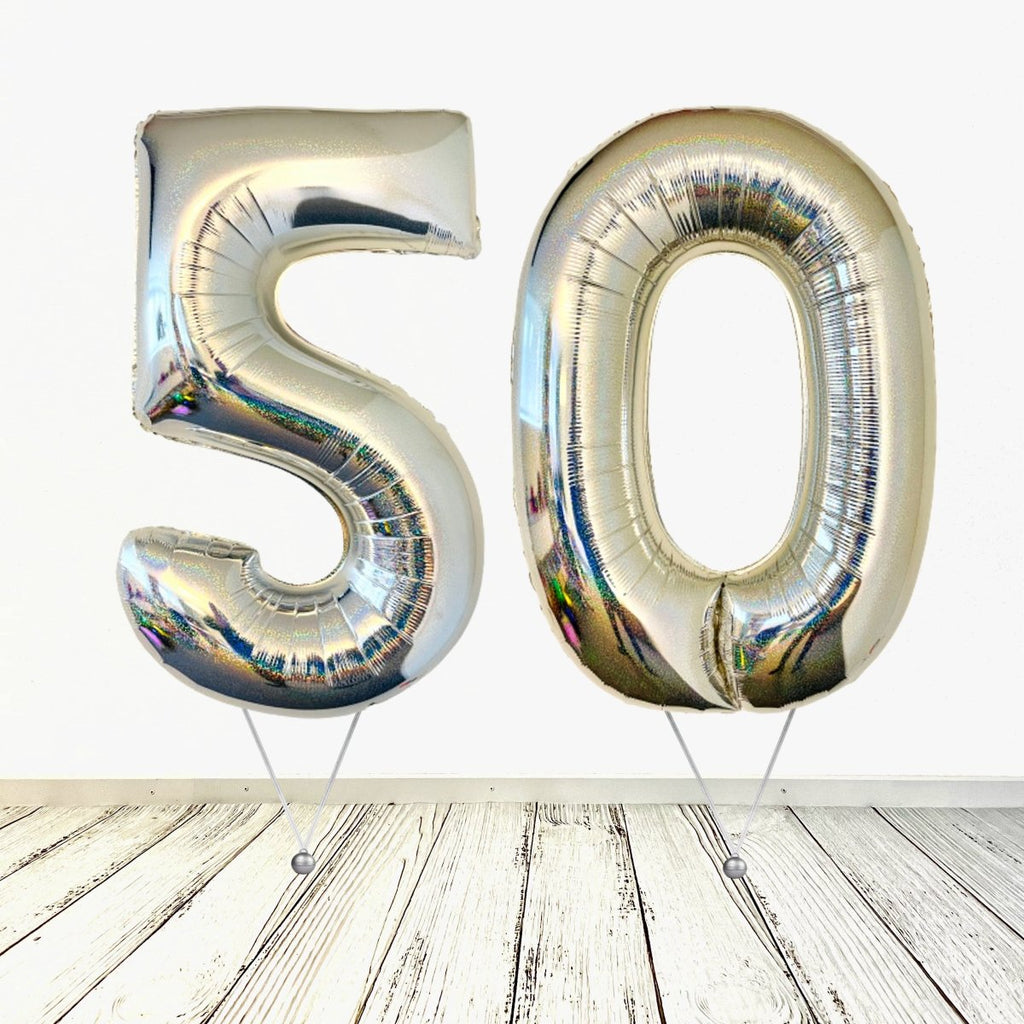 XL Holographisch Silber Zahlen 50 Ballon (mit Helium gefüllt) - Zahlen Ballon silber Helium