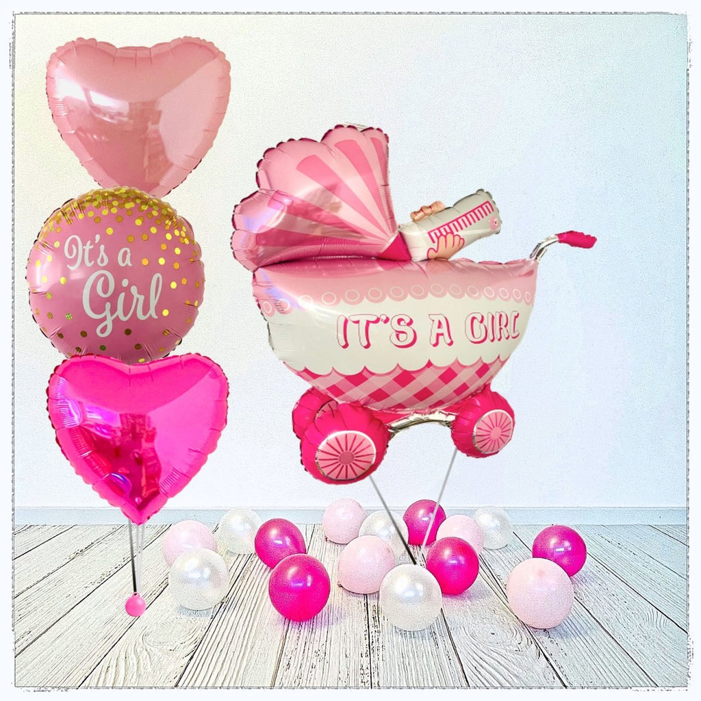XXL It's a Girl Buggy Ballon Bouquet (mit Helium gefüllt) - Baby Shower Bouquet
