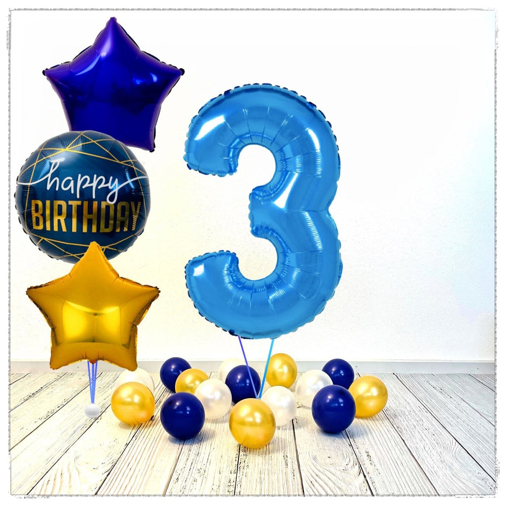 Zahlen Ballon Birthday Blau 3 Bouquet (mit Helium gefüllt) - Zahlen Ballon blau Bouquet
