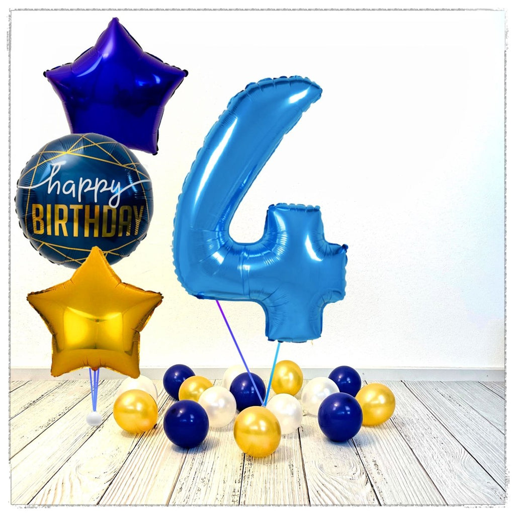 Zahlen Ballon Birthday Blau 4 Bouquet (mit Helium gefüllt) - Zahlen Ballon blau Bouquet