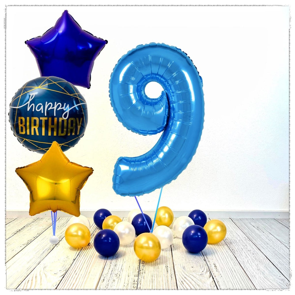 Zahlen Ballon Birthday Blau 9 Bouquet (mit Helium gefüllt) - Zahlen Ballon blau Bouquet