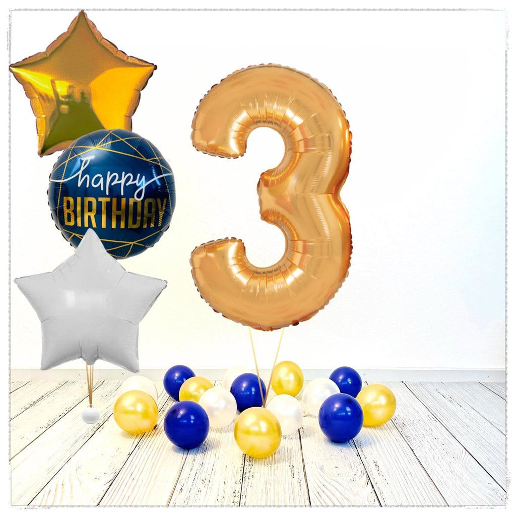 Zahlen Ballon Birthday gold 3 Bouquet (mit Helium gefüllt) - Zahlen Ballon gold Bouquet
