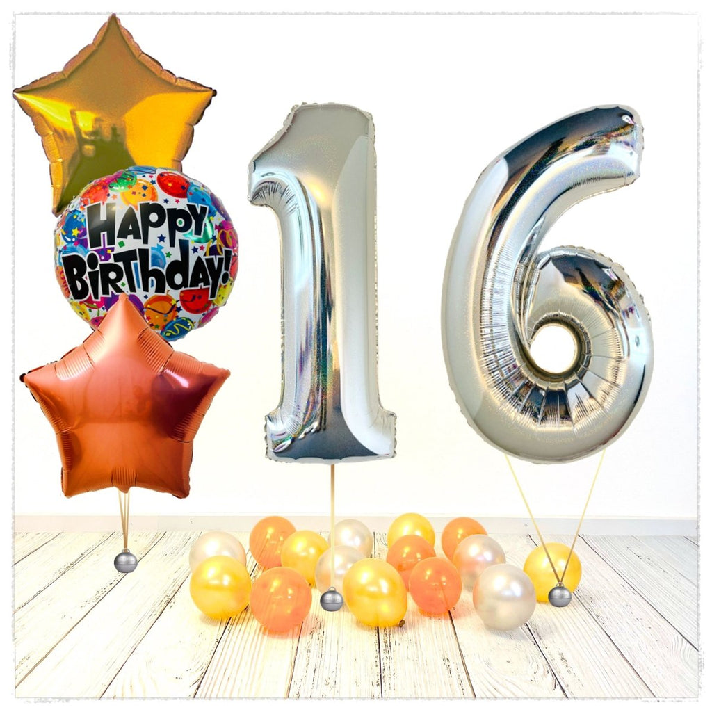 Zahlen Ballon Birthday holographisch silber 16 Bouquet (mit Helium gefüllt) - Zahlen Ballon silber Bouquet