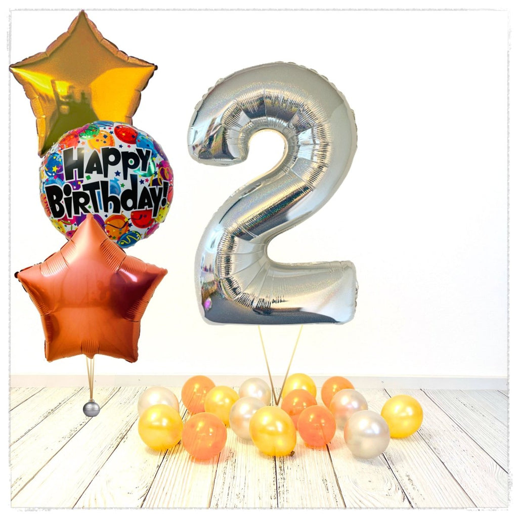 Zahlen Ballon Birthday holographisch silber 2 Bouquet (mit Helium gefüllt) - Zahlen Ballon silber Bouquet