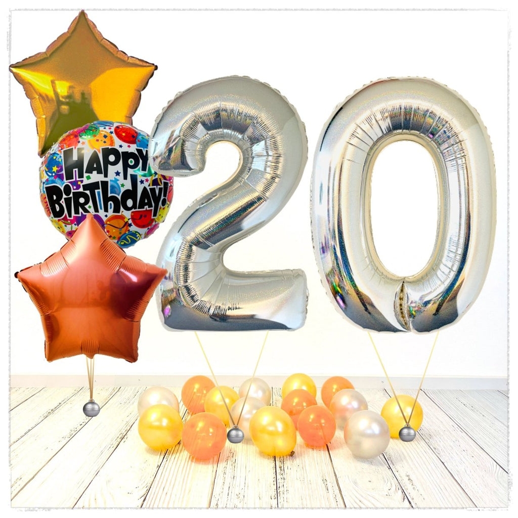 Zahlen Ballon Birthday holographisch silber 20 Bouquet (mit Helium gefüllt) - Zahlen Ballon silber Bouquet