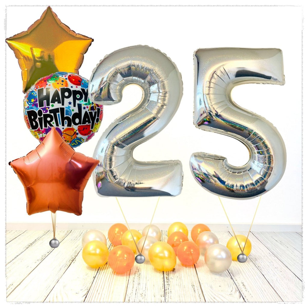 Zahlen Ballon Birthday holographisch silber 25 Bouquet (mit Helium gefüllt) - Zahlen Ballon silber Bouquet