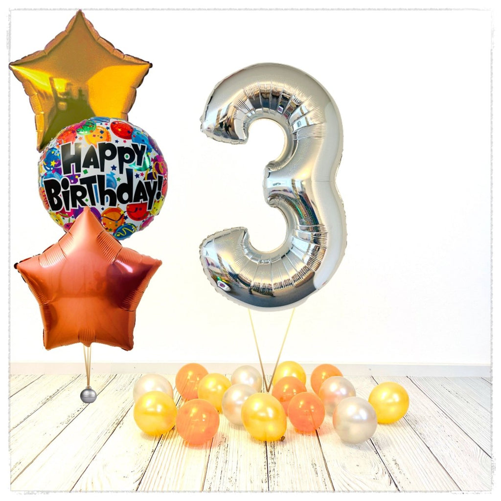 Zahlen Ballon Birthday holographisch silber 3 Bouquet (mit Helium gefüllt) - Zahlen Ballon silber Bouquet