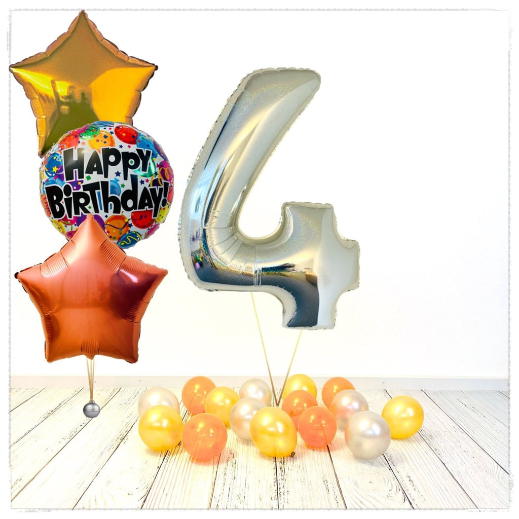 Zahlen Ballon Birthday holographisch silber 4 Bouquet (mit Helium gefüllt) - Zahlen Ballon silber Bouquet
