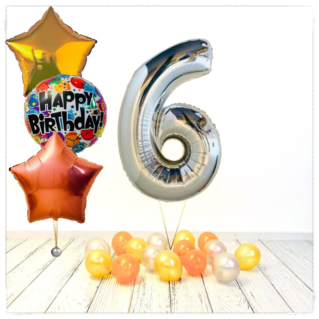 Zahlen Ballon Birthday holographisch silber 6 Bouquet (mit Helium gefüllt) - Zahlen Ballon silber Bouquet
