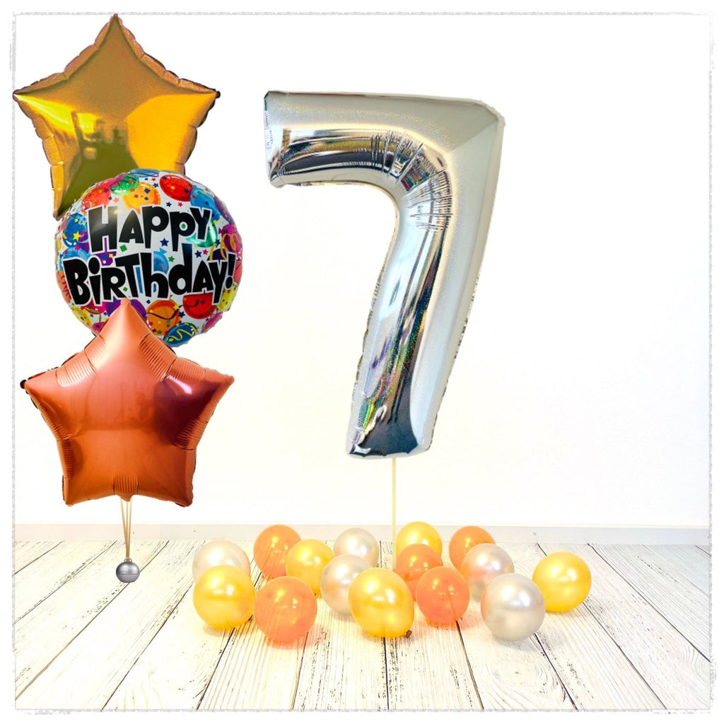 Zahlen Ballon Birthday holographisch silber 7 Bouquet (mit Helium gefüllt) - Zahlen Ballon silber Bouquet