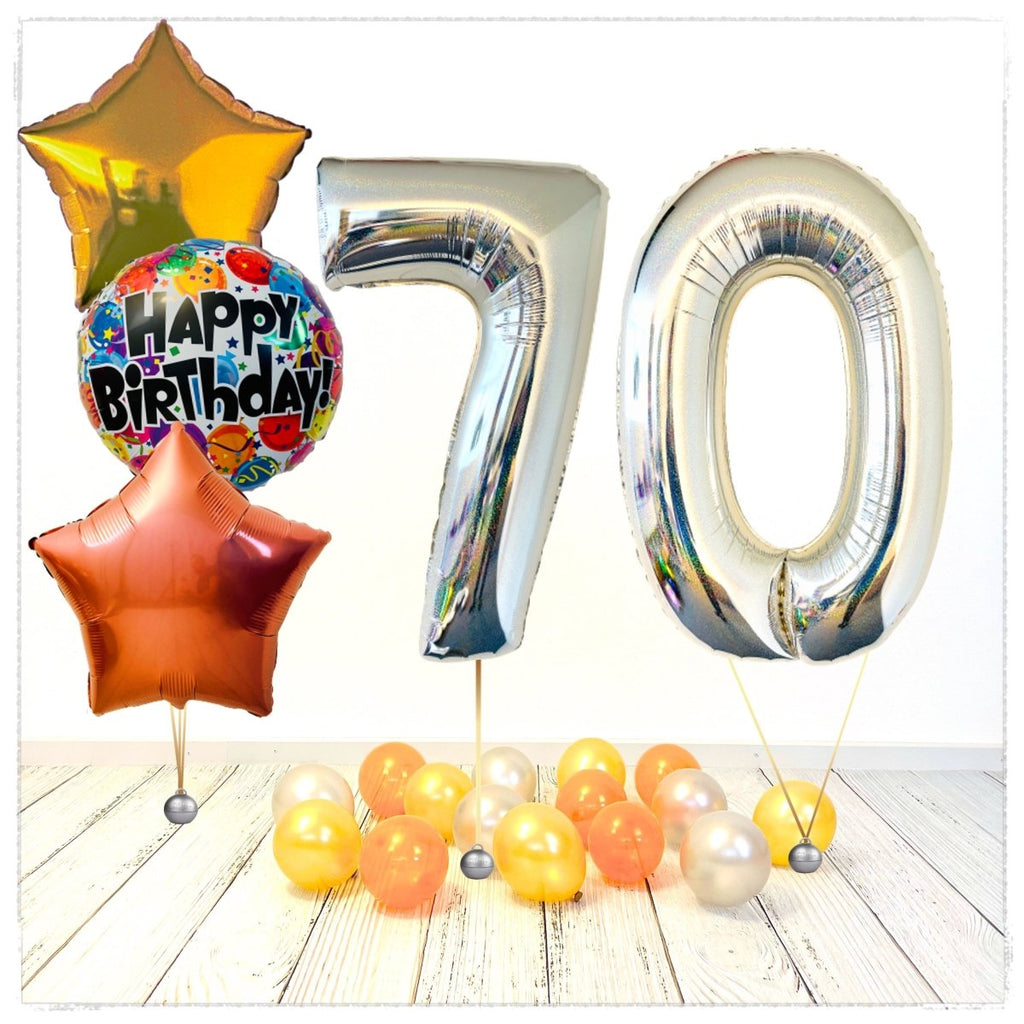 Zahlen Ballon Birthday holographisch silber 70 Bouquet (mit Helium gefüllt) - Zahlen Ballon silber Bouquet