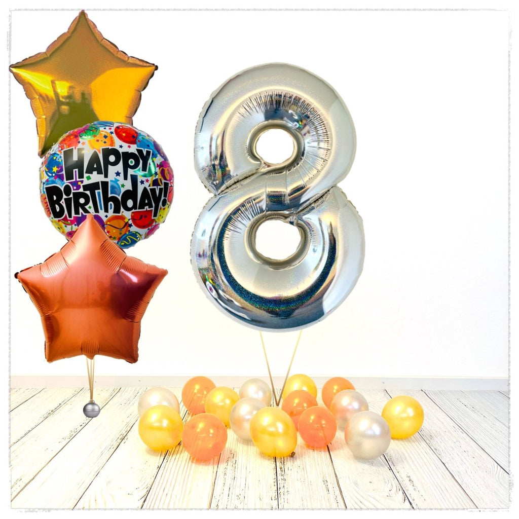 Zahlen Ballon Birthday holographisch silber 8 Bouquet (mit Helium gefüllt) - Zahlen Ballon silber Bouquet