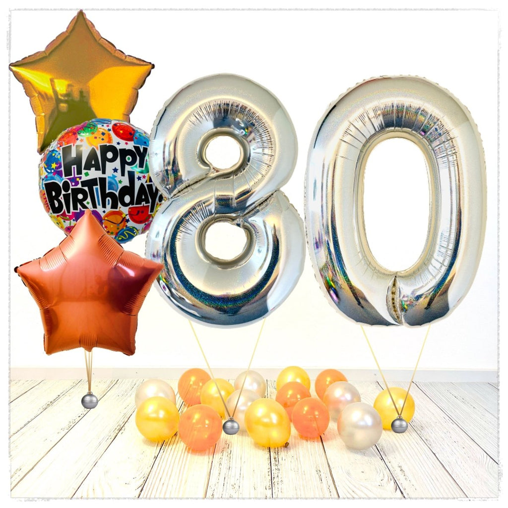 Zahlen Ballon Birthday holographisch silber 80 Bouquet (mit Helium gefüllt) - Zahlen Ballon silber Bouquet