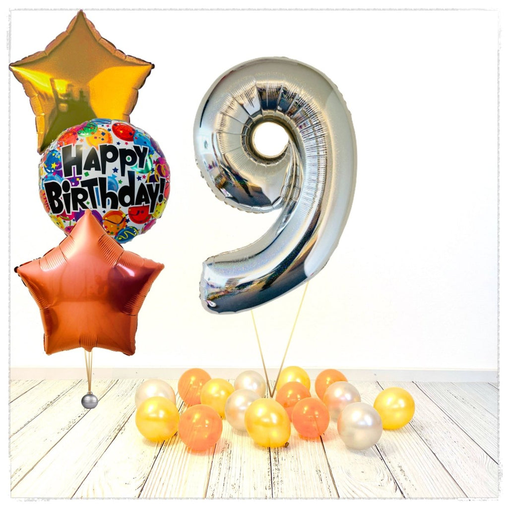 Zahlen Ballon Birthday holographisch silber 9 Bouquet (mit Helium gefüllt) - Zahlen Ballon silber Bouquet