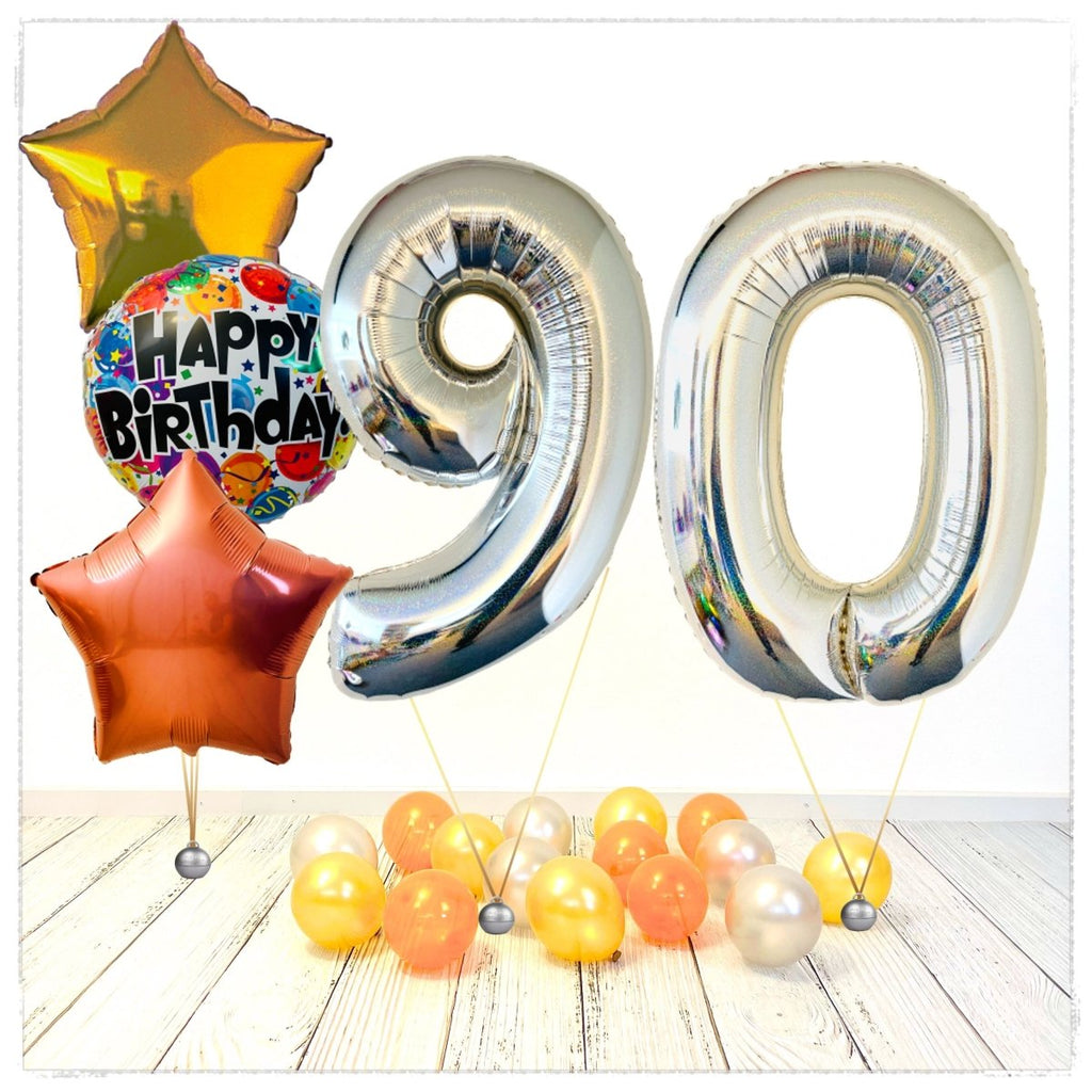Zahlen Ballon Birthday holographisch silber 90 Bouquet (mit Helium gefüllt) - Zahlen Ballon silber Bouquet
