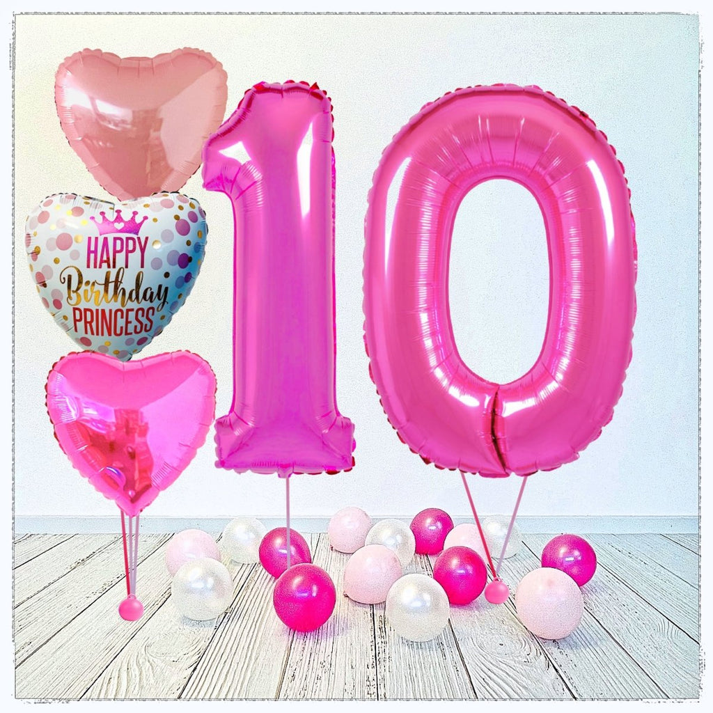 Zahlen Ballon Birthday Princess pink 10 Bouquet (mit Helium gefüllt) - Zahlen Ballon pink Bouquet