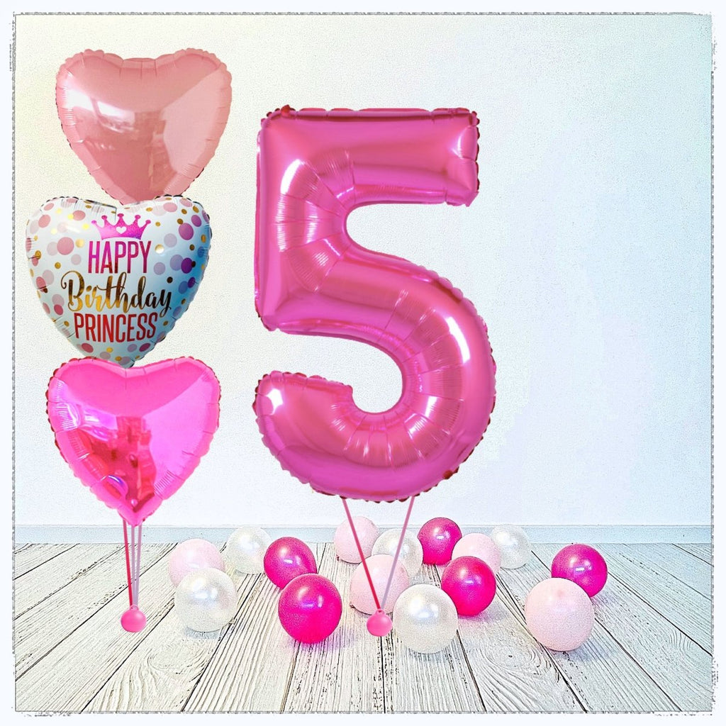 Zahlen Ballon Birthday Princess pink 5 Bouquet (mit Helium gefüllt) - Zahlen Ballon pink Bouquet