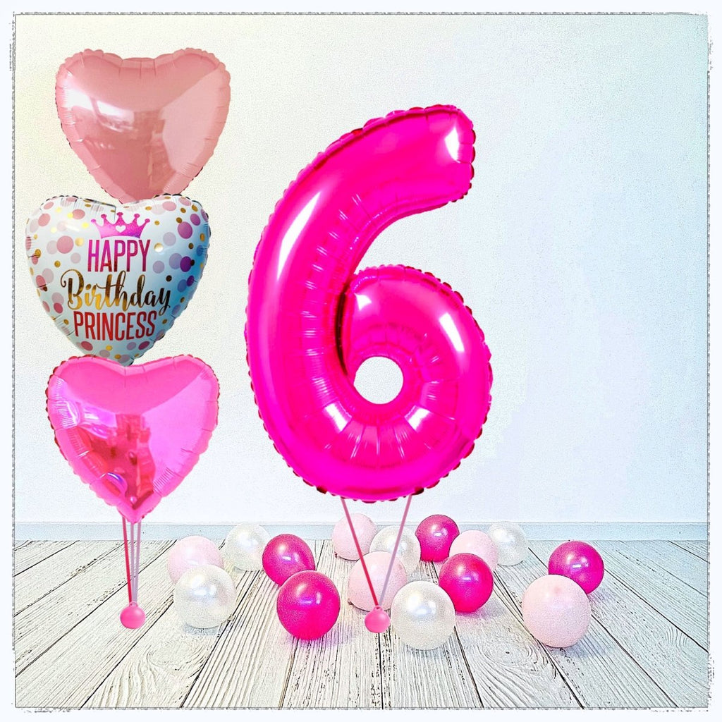 Zahlen Ballon Birthday Princess pink 6 Bouquet (mit Helium gefüllt) - Zahlen Ballon pink Bouquet