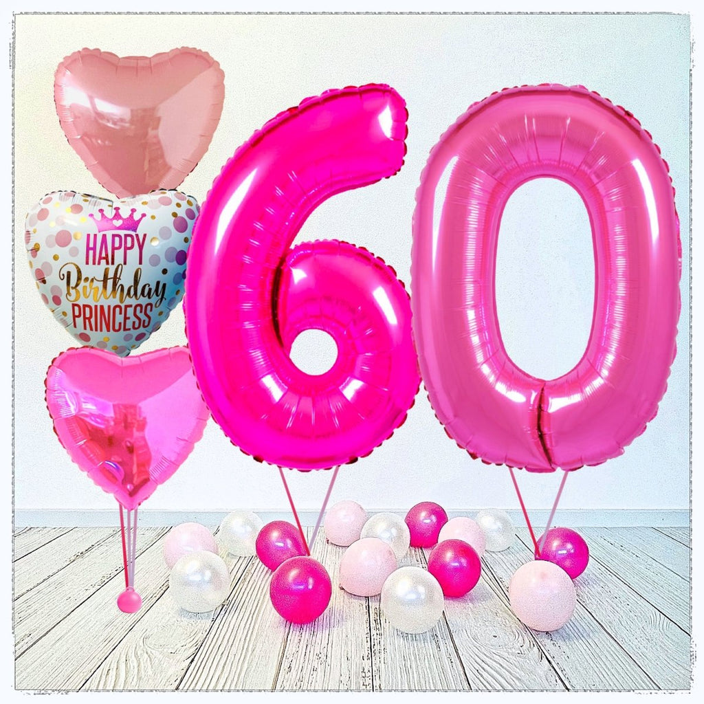 Zahlen Ballon Birthday Princess pink 60 Bouquet (mit Helium gefüllt) - Zahlen Ballon pink Bouquet