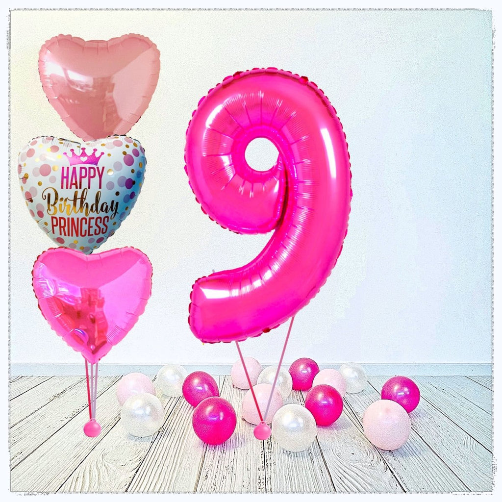 Zahlen Ballon Birthday Princess pink 9 Bouquet (mit Helium gefüllt) - Zahlen Ballon pink Bouquet