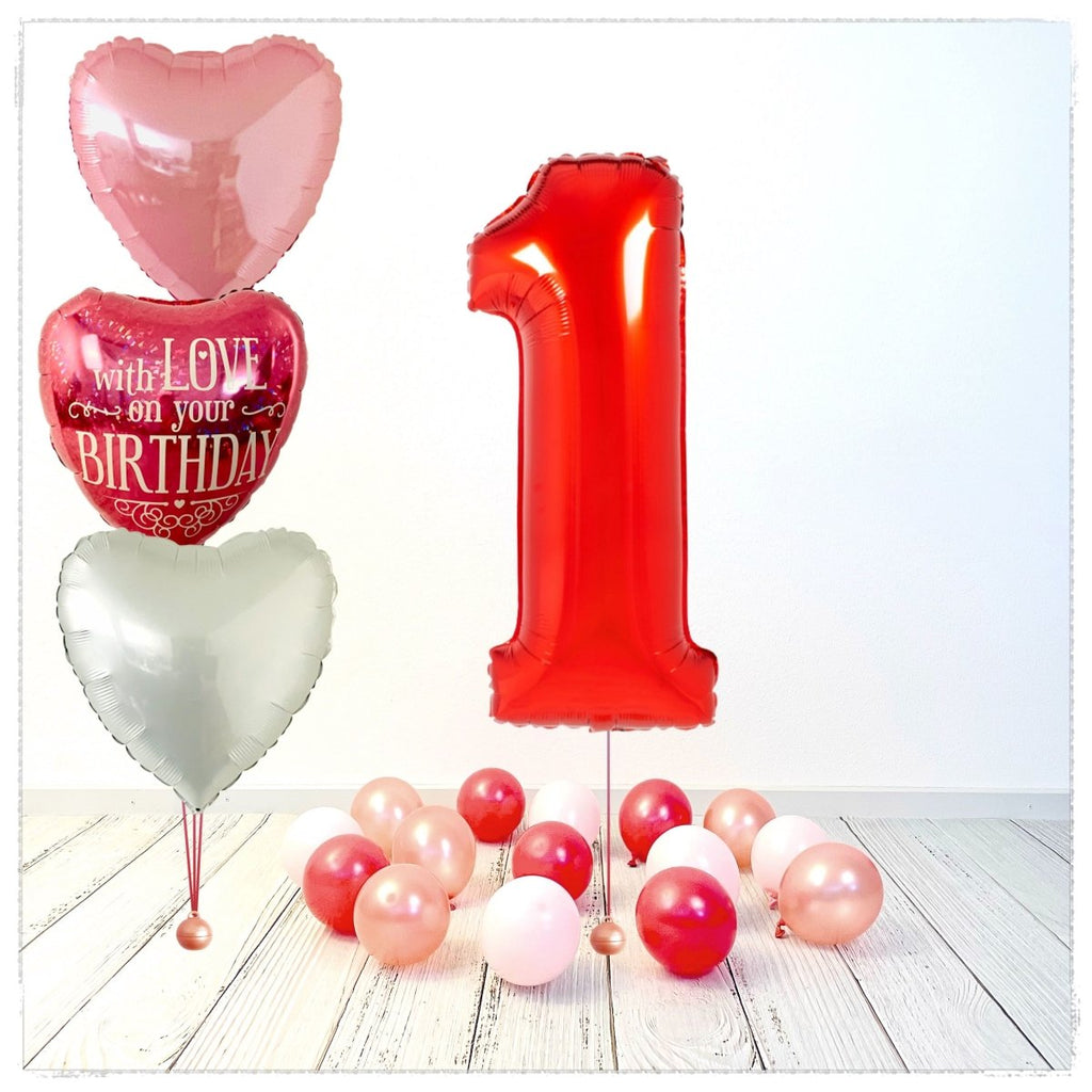Zahlen Ballon Birthday with Love rot 1 Bouquet (mit Helium gefüllt) - Zahlen Ballon rot Bouquet
