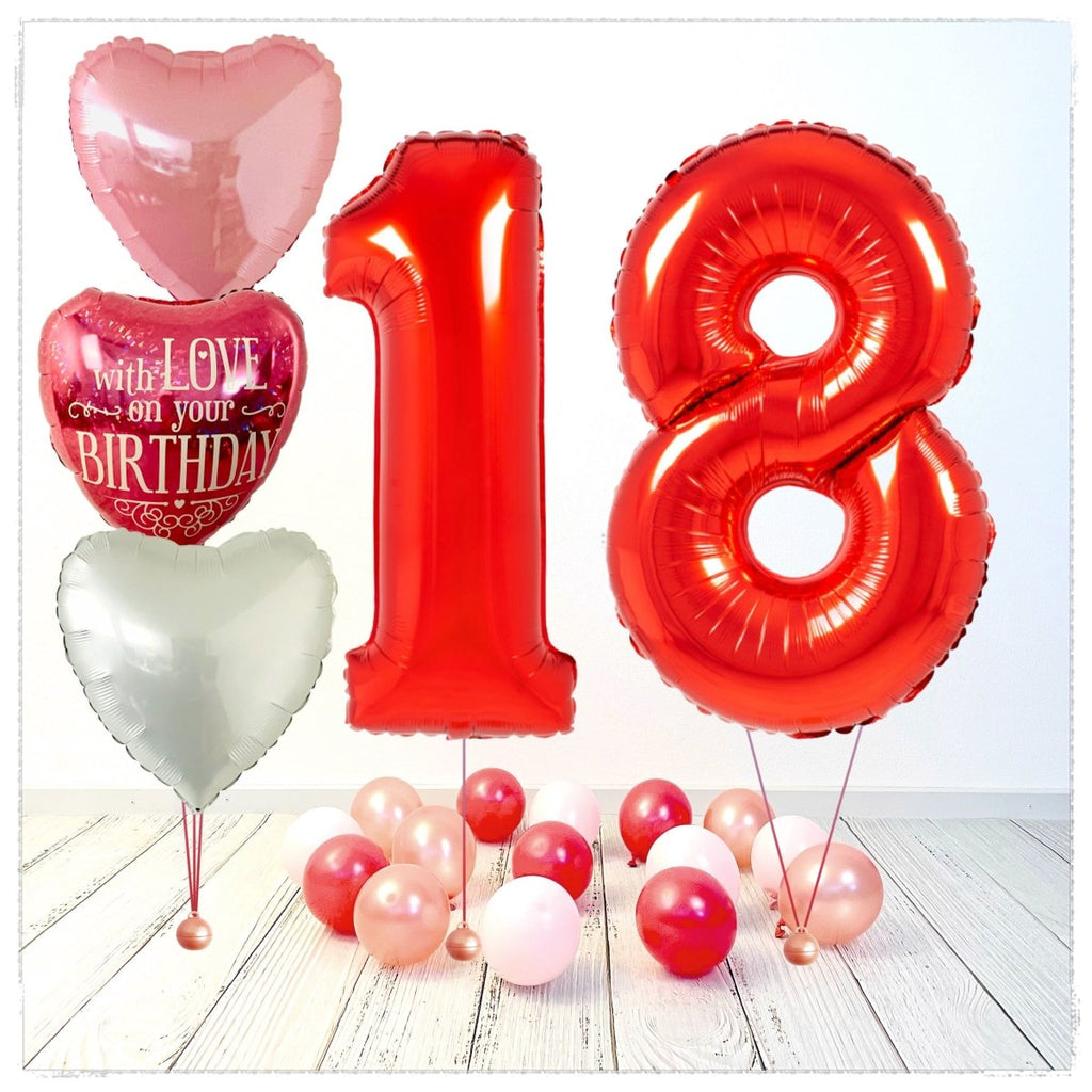 Zahlen Ballon Birthday with Love rot 18 Bouquet (mit Helium gefüllt) - Zahlen Ballon rot Bouquet