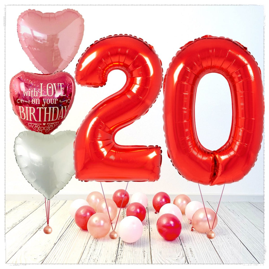 Zahlen Ballon Birthday with Love rot 20 Bouquet (mit Helium gefüllt) - Zahlen Ballon rot Bouquet