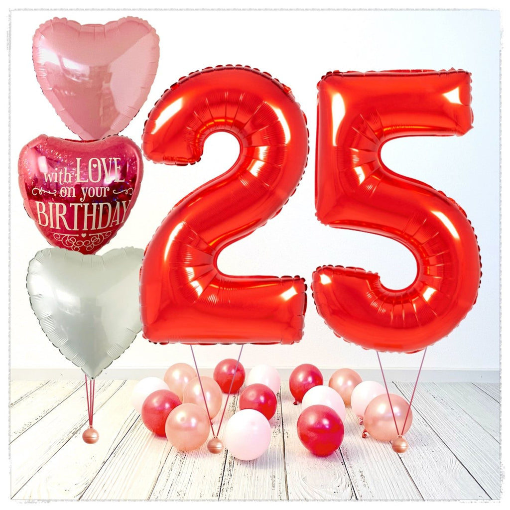 Zahlen Ballon Birthday with Love rot 25 Bouquet (mit Helium gefüllt) - Zahlen Ballon rot Bouquet
