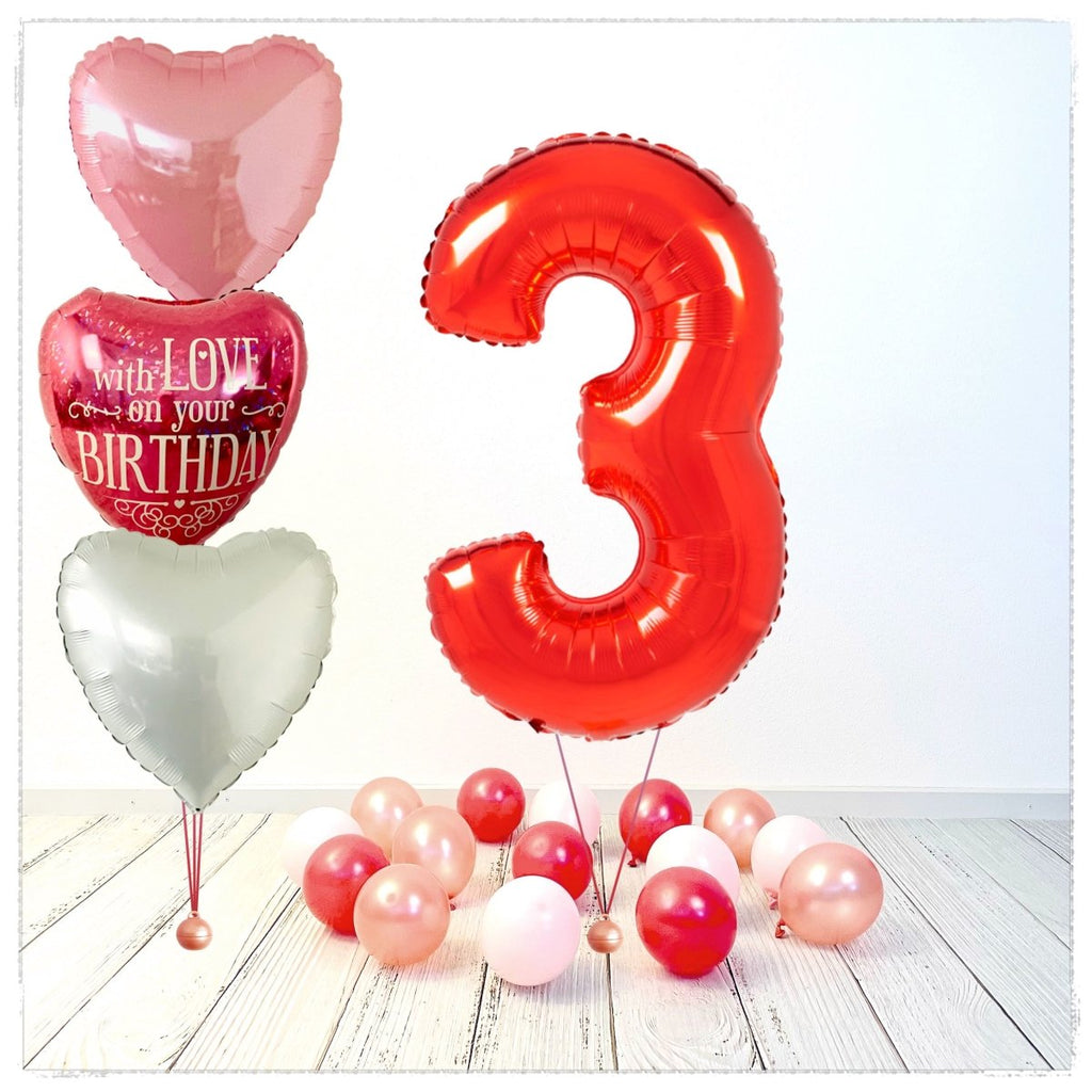 Zahlen Ballon Birthday with Love rot 3 Bouquet (mit Helium gefüllt) - Zahlen Ballon rot Bouquet