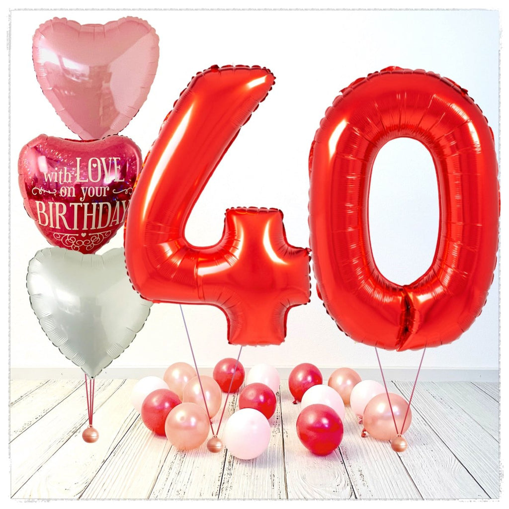 Zahlen Ballon Birthday with Love rot 40 Bouquet (mit Helium gefüllt) - Zahlen Ballon rot Bouquet