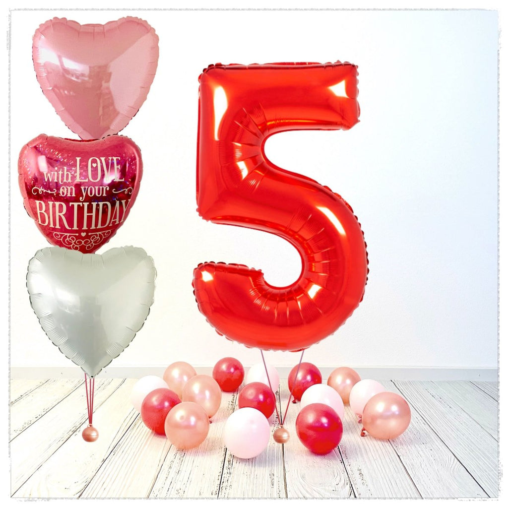 Zahlen Ballon Birthday with Love rot 5 Bouquet (mit Helium gefüllt) - Zahlen Ballon rot Bouquet