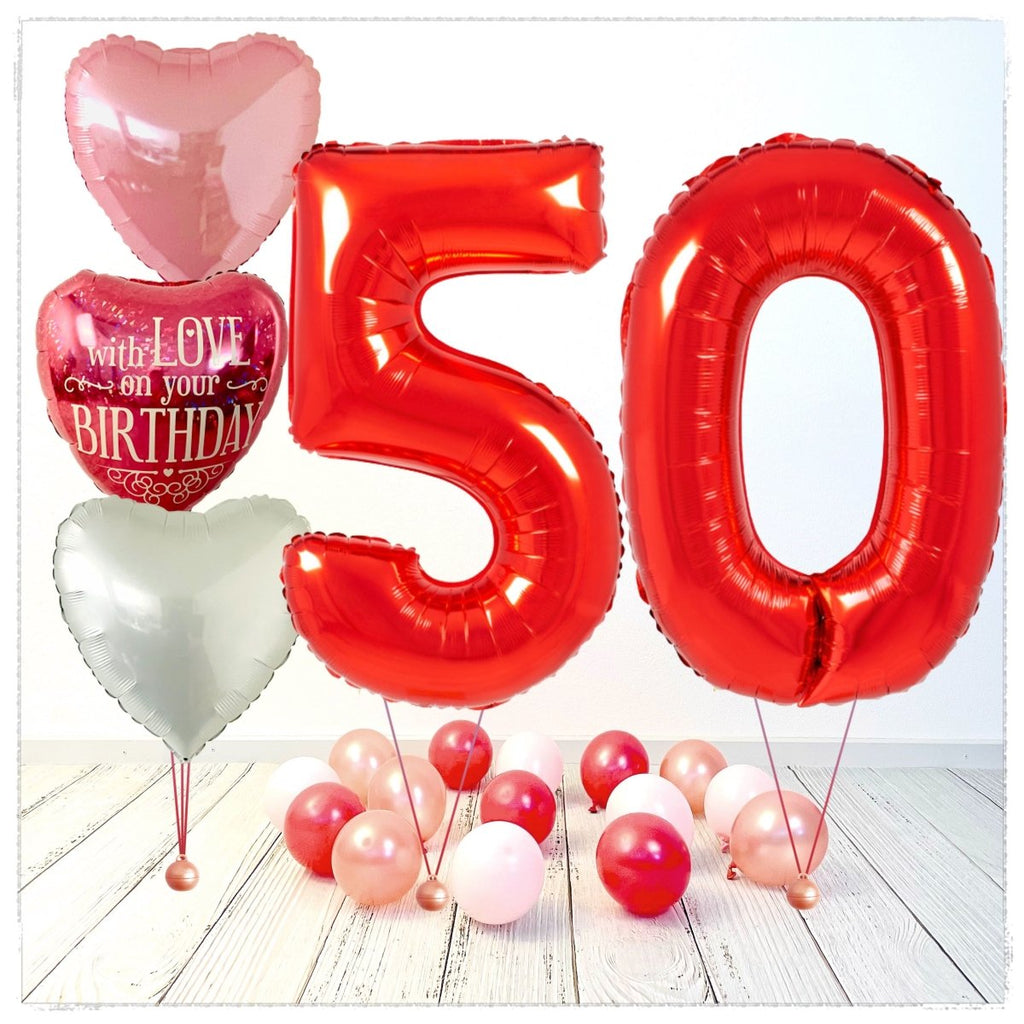Zahlen Ballon Birthday with Love rot 50 Bouquet (mit Helium gefüllt) - Zahlen Ballon rot Bouquet