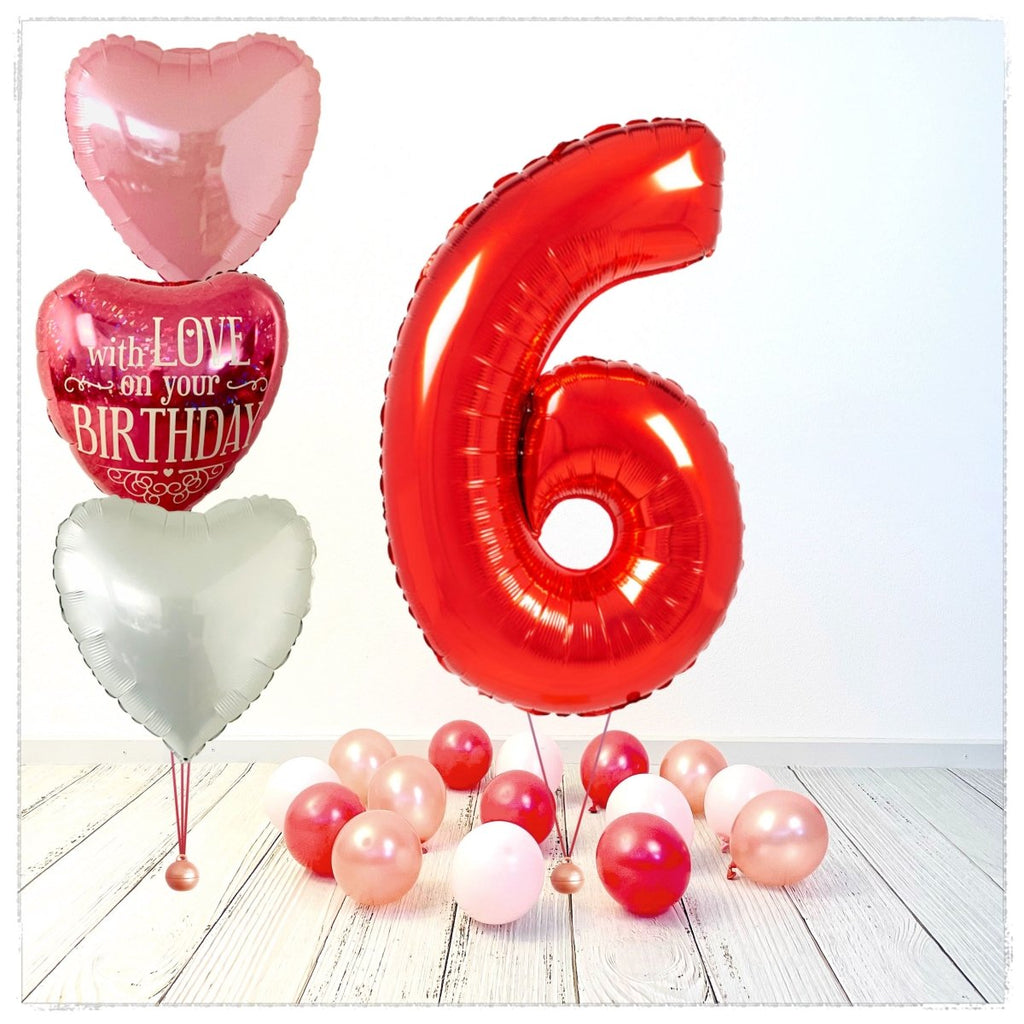 Zahlen Ballon Birthday with Love rot 6 Bouquet (mit Helium gefüllt) - Zahlen Ballon rot Bouquet