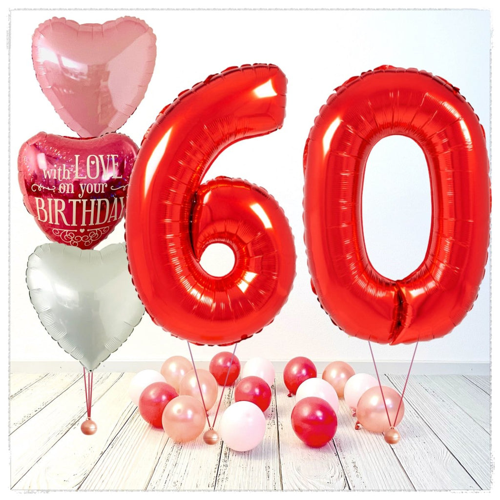 Zahlen Ballon Birthday with Love rot 60 Bouquet (mit Helium gefüllt) - Zahlen Ballon rot Bouquet