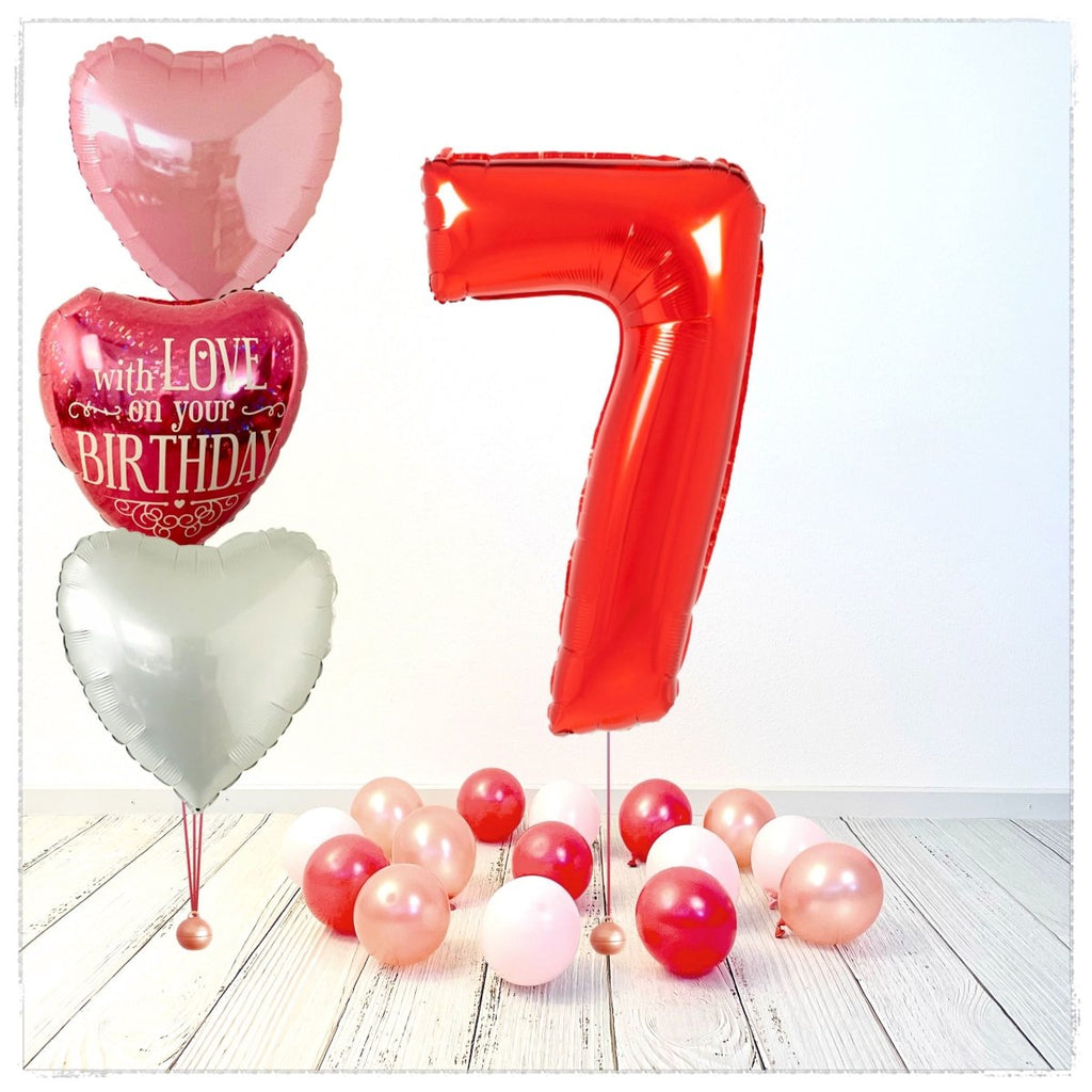 Zahlen Ballon Birthday with Love rot 7 Bouquet (mit Helium gefüllt) - Zahlen Ballon rot Bouquet
