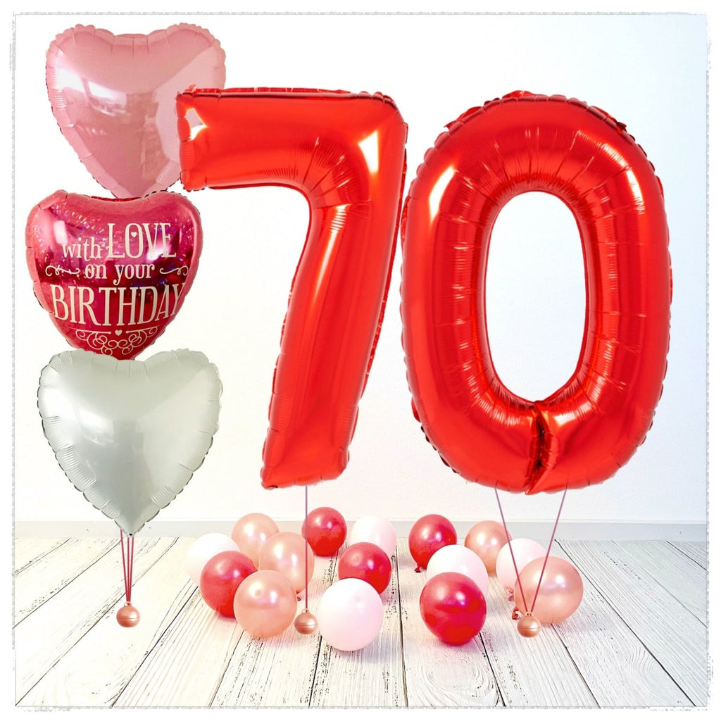 Zahlen Ballon Birthday with Love rot 70 Bouquet (mit Helium gefüllt) - Zahlen Ballon rot Bouquet