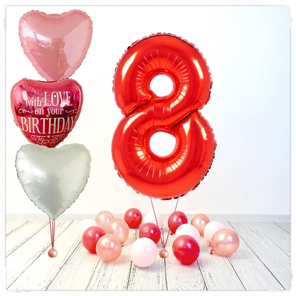 Zahlen Ballon Birthday with Love rot 8 Bouquet (mit Helium gefüllt) - Zahlen Ballon rot Bouquet