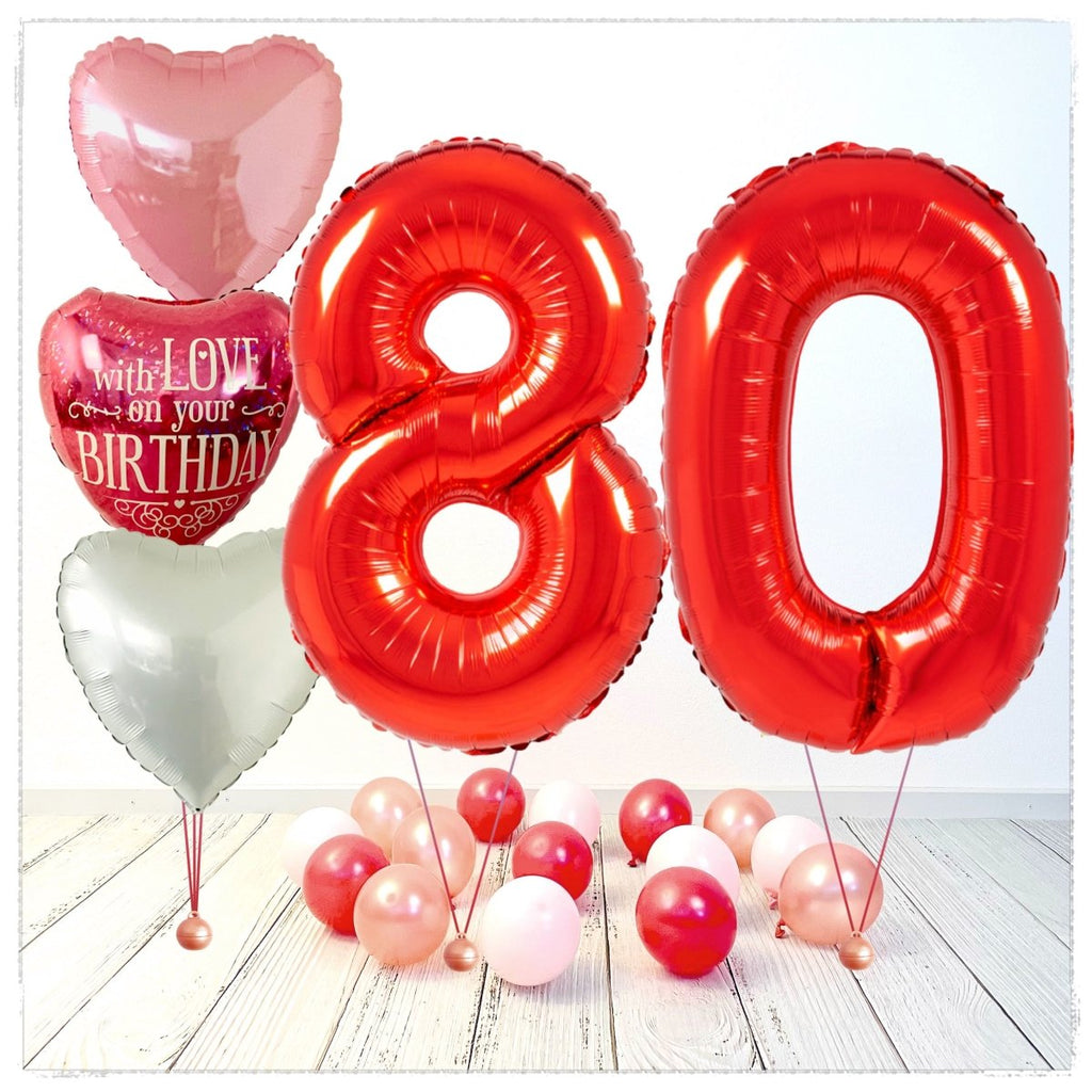 Zahlen Ballon Birthday with Love rot 80 Bouquet (mit Helium gefüllt) - Zahlen Ballon rot Bouquet