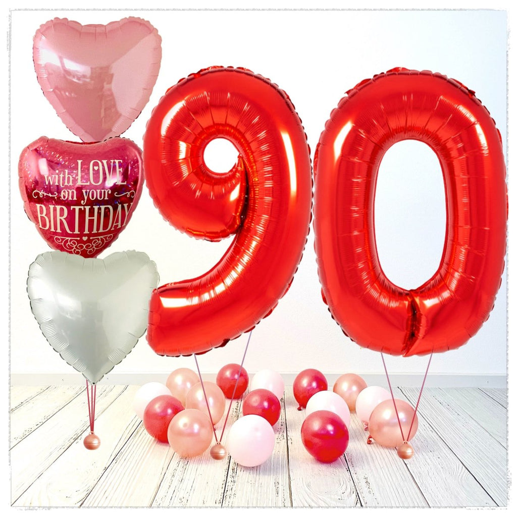 Zahlen Ballon Birthday with Love rot 90 Bouquet (mit Helium gefüllt) - Zahlen Ballon rot Bouquet