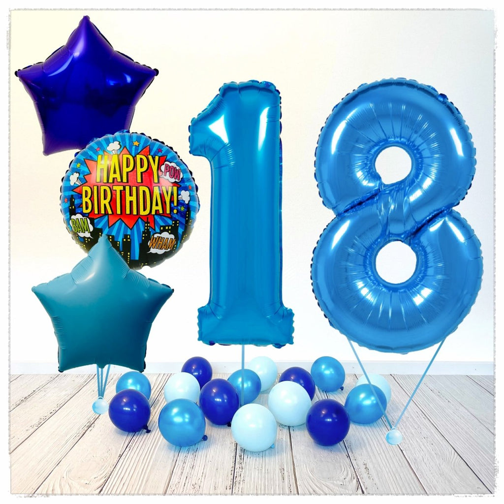 Zahlen Ballon Happy Birthday Blau 18 Bouquet (mit Helium gefüllt) - Zahlen Ballon blau Bouquet