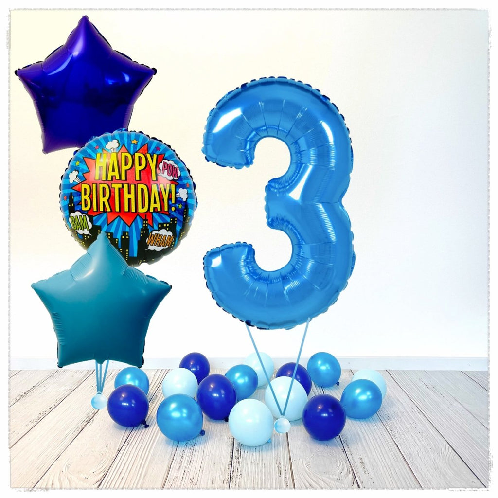 Zahlen Ballon Happy Birthday Blau 3 Bouquet (mit Helium gefüllt) - Zahlen Ballon blau Bouquet