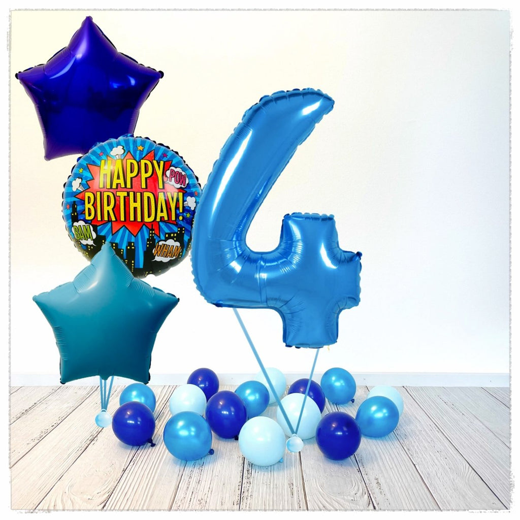 Zahlen Ballon Happy Birthday Blau 4 Bouquet (mit Helium gefüllt) - Zahlen Ballon blau Bouquet