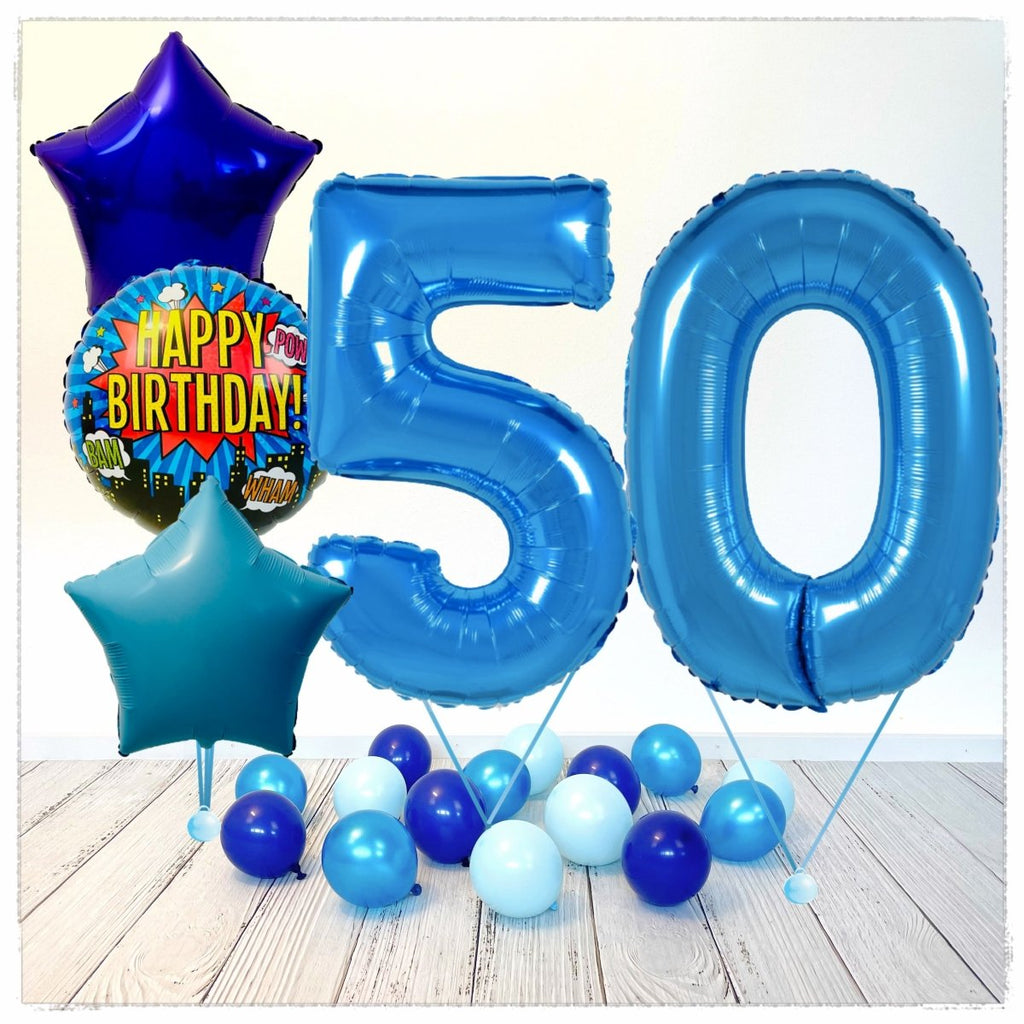 Zahlen Ballon Happy Birthday Blau 50 Bouquet (mit Helium gefüllt) - Zahlen Ballon blau Bouquet