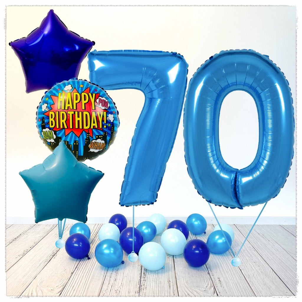 Zahlen Ballon Happy Birthday Blau 70 Bouquet (mit Helium gefüllt) - Zahlen Ballon blau Bouquet